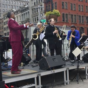 Danny Bacher with Vince Giordano and the Nighthawks, and tap dancer Dewitt Fleming Jr. at Tin Pan Alley Day, October 2021
