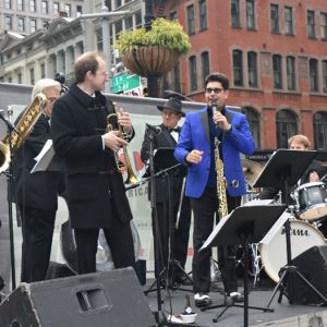 Danny Bacher with Vince Giordano and the Nighthawks, and tap dancer Dewitt Fleming Jr. at Tin Pan Alley Day, October 2021